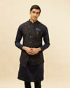 alt message - Manyavar Men Deep Blue Bel Buti Patterned Asymmetric Hem Kurta Jacket Set image number 0